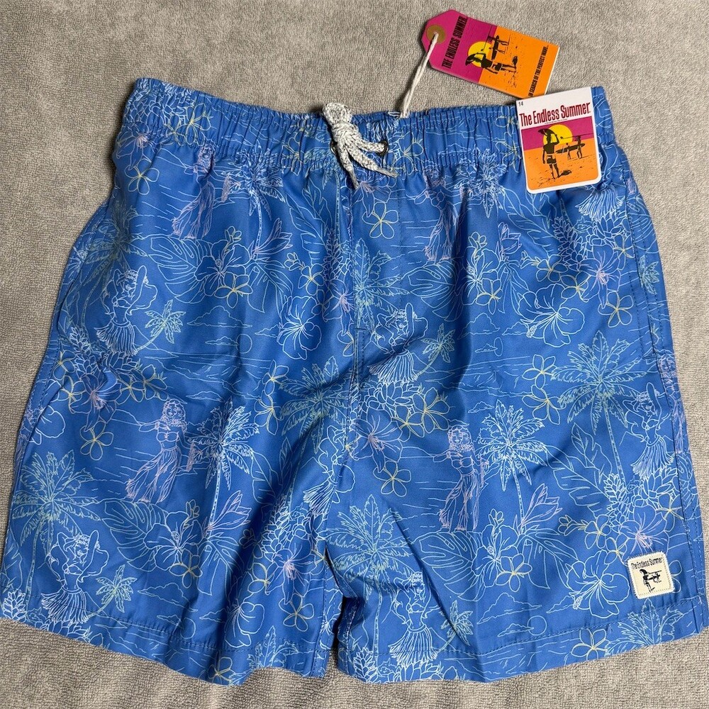 Endless Summer Boys Swim Trunks Size 14 Blue Tropical Floral Volley Shorts